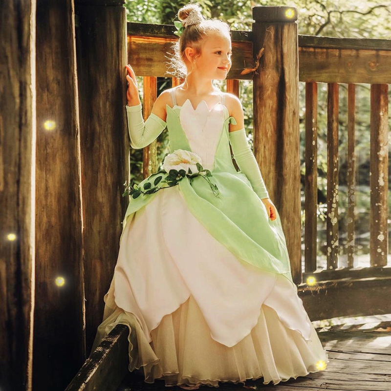 زي الضفدع الأميرة للأطفال فتيات تيانا فيلم Cosplay Casplay Dress Up Princess دور لعب الفساتين