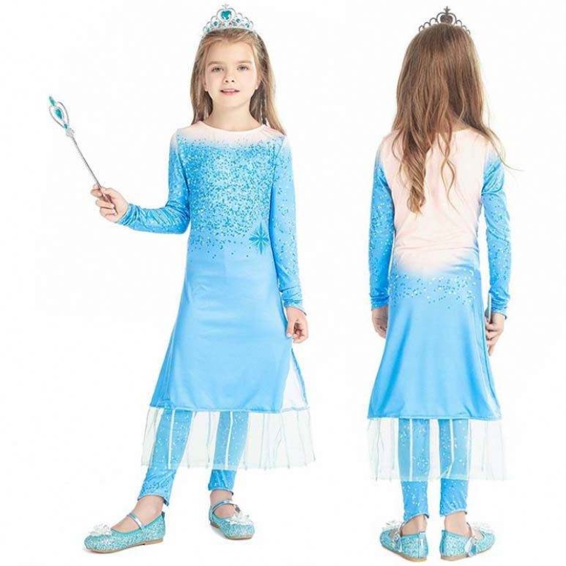 Princess Fancy Little Girls Long Dress Pants 2pcs Elsa Dress Cosplay مع إكسسوارات HCGD-021