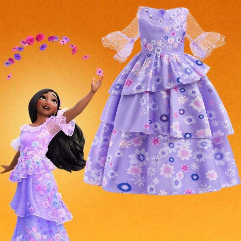 بيع الأطفال الساخنة encanto فيلم زي إيزابيلا cosplay الأزهار الأزهار الفتيات الحرير maxi long