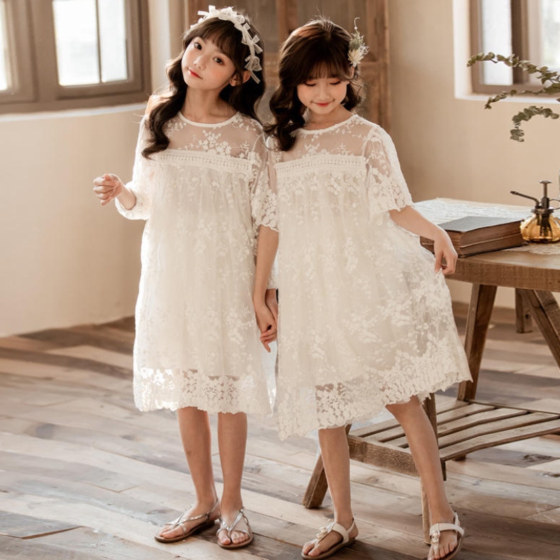 جديد صيف القطن على شبكة غزل الدانتيل الفتيات الفتيات الأطفال تنورة الأطفال الملابس 3-14 سنة الفستان الأميرة الأبيض