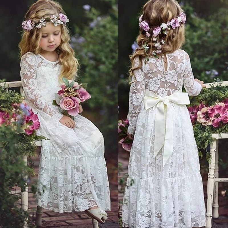 فتاة الصيف زفاف الدانتيل طويلة الفستان العمر 2-12 فساتين الأميرة القوس كبير وصيفات الزفاف من أجل الزهور الفتيات