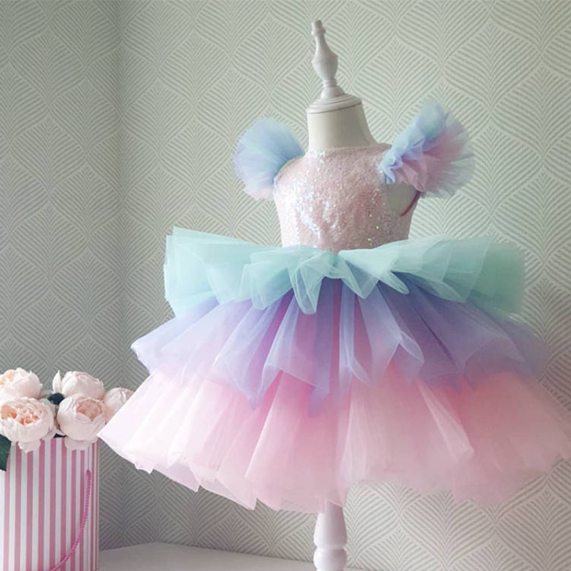 الفتيات الرسميات الأميرة لباس الأطفال الدانتيل tulle قوس قزح الأنيقة في المساء الحزب توتو حفلة موسيقية ثوب الأطفال زفاف communion ؛ زي